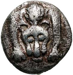 Obolus from Caria-Mylasa, with lion’s head, c. 450-400 B.C.