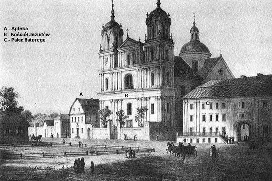 Grodno, Báthory Square with the Jesuit church, convent and pharmacy
