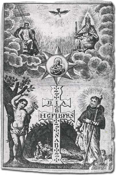 Holy image with the Holy Trinity, Saint Sebastian, Saint Rochus, Saint Rosalia and the Zacharias-cross, Hungary, around 1710