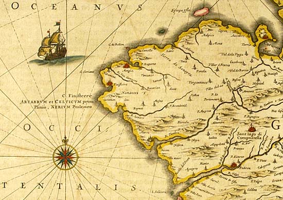 Joannes Janssonius: Detail from table “Galicia” of vol. IV of the Atlas Maior (1658) with the representation of Finisterrae and Santiago de Compostela