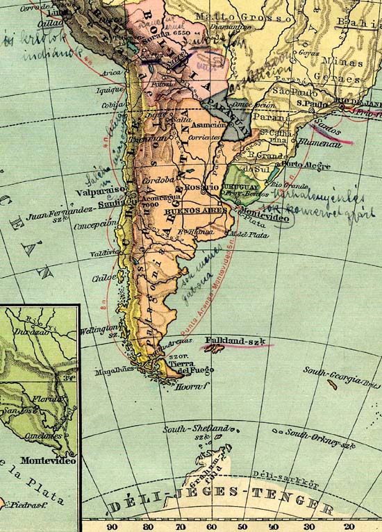 Argentína térképe dédnagynéném iskolai atlaszából (1915). Valószínűleg tőle származnak a feliratok is: Lima mellett: „kreolok, indiánok”. Bolíviában: „kaucsuk, ezüst. Főváros: Szükre”. Chile mellett: „salétrom, búza, burgonya”. Argentína mellett, fent Montevideo közelében: „marhatenyésztés, sok konzervet gyárt”, és lent Patagónia mellett: „sok ménes, gabona”.