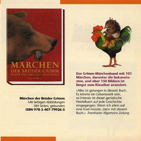Nikolaus Heidelbach illusztrációja a Grimm-mesék borítóján: medve a magyar koronával, és kakason lovagló dudás sün a könyvből