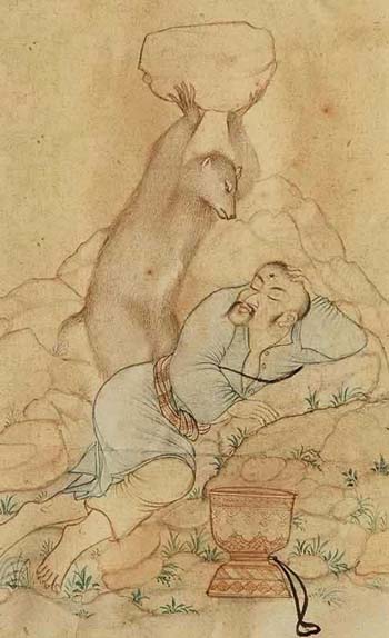 The friendly bear. Persian miniature, 18th c.