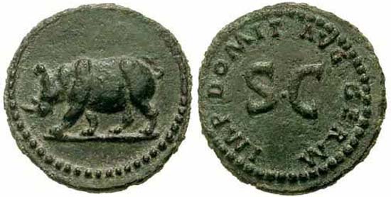 Bronze coin of Domitian with the image of a rhinoceros, A.D. 88, RIC 249-250 (424-435)