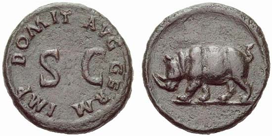Bronze coin of Domitian with the image of a rhinoceros, A.D. 88, RIC 249-250 (424-435)