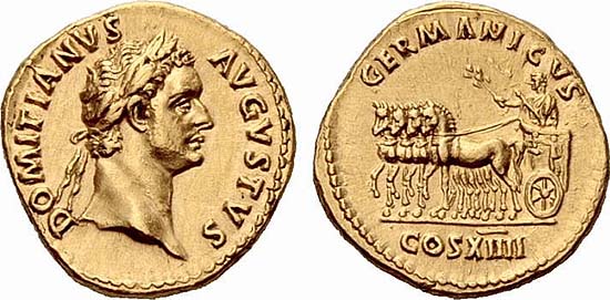 Golden coin of Domitianus issued for his 14th consulate, A.D. 88, RIC 561