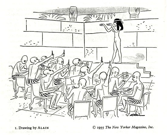 Egyiptomi rajzóra. Alain karikatúrája Ernst Gombrich Művészet és illúzió-jában (1960)