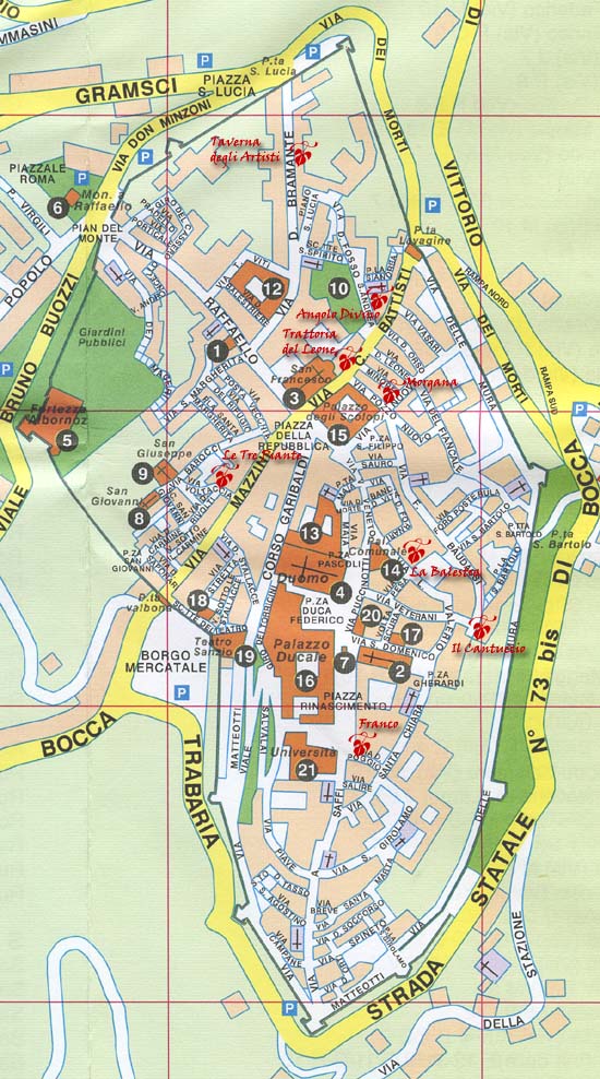 Urbino, map of restaurants
