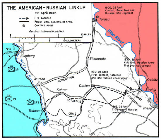 Map of the three Elbe Day link ups. Source: The Fighting 69th Infantry Division Website