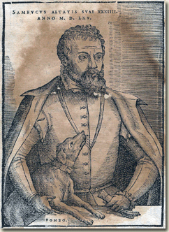Retrato de Johannes Sambucus en la segunda edicin de sus Emblemata (1566) con su perro Bombo